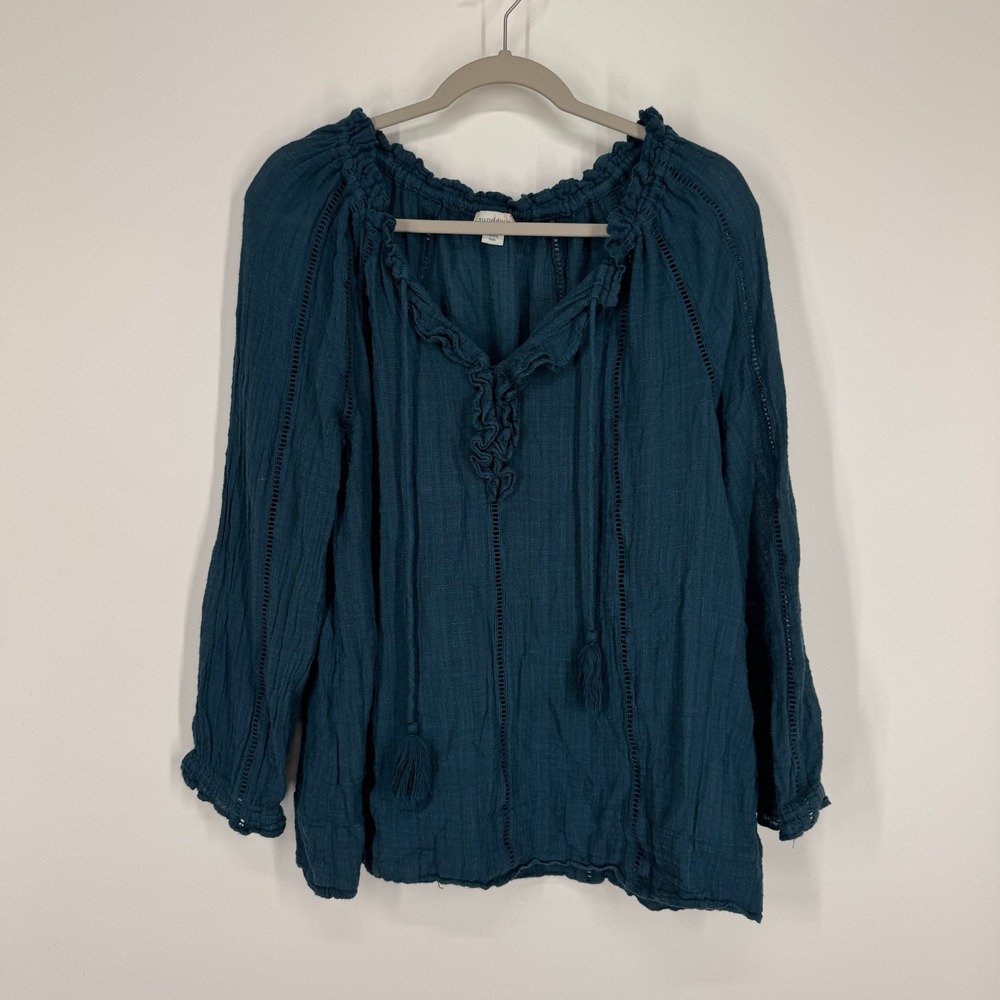 Sundance Large Teal Blue Cotton Viscose Tassel Peasant Blouse Top Artist